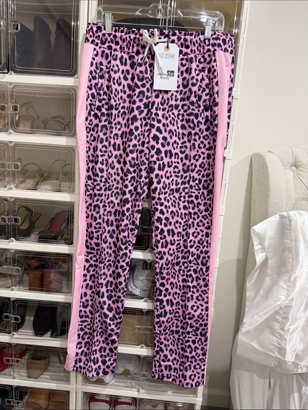 Pink Leopard Print Track Pants with Light Pink Side Panels